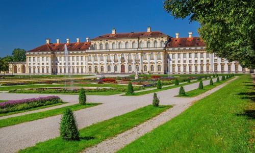 Garden parterre with flowerbeds in front of the New Palace in the Schleissheim Palace complex,