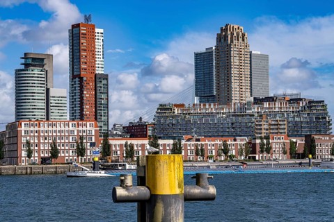 Harbour basin of the Maashaven, inland waterway port, jetties, residential buildings in the Kop van