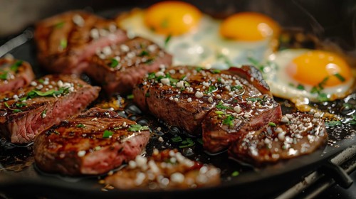 Cast iron pan with thick steak and eggs cooking. generative AI, AI generated