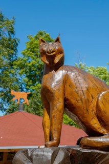 Lynx figure, wooden sculpture, lynx station, replica, big cat, lynx info point at the car park at