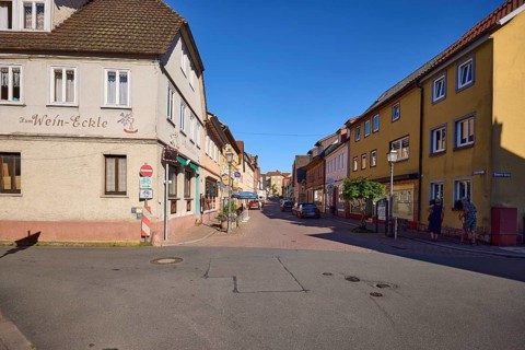 Crossroads Löhrstraße with Steinerne Gasse in Amorbach, Lower Franconia, Miltenberg district,