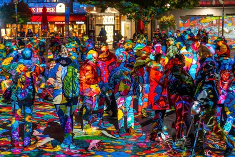 Essen Light Festival, in the city centre, light art on Kennedyplatz, the Berlin artist Daniel