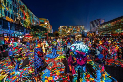 Essen Light Festival, in the city centre, light art on Kennedyplatz, the Berlin artist Daniel