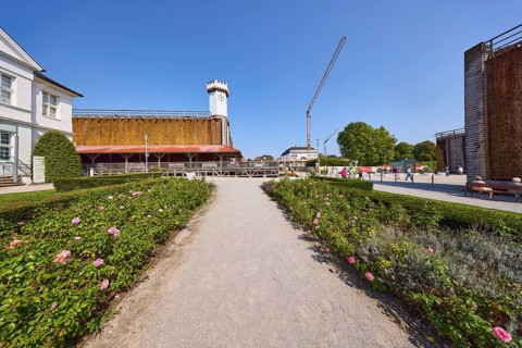 Rose garden park with graduation tower in Bad Salzuflen, Lippe district, North Rhine-Westphalia,