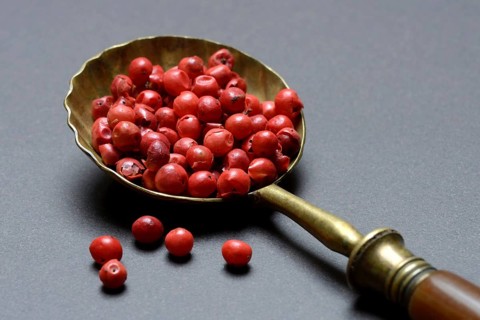 Pink Pepper berries, Red Pepper in spoon, Schinus berries