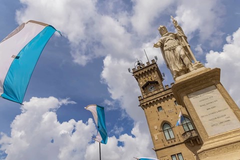 Statue of Liberty on the Liberty Square. Palazzo Pubblico San Marino, also the town hall and seat