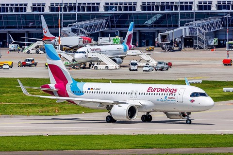 A Eurowings Airbus A320neo aircraft with the registration D-AENG at Stuttgart Airport, Germany,