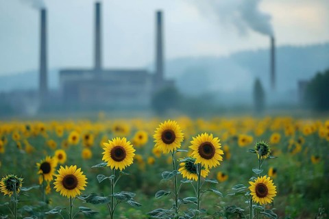 Agricultural field with growing sunflowers and factory with grey fumes in blurry background.