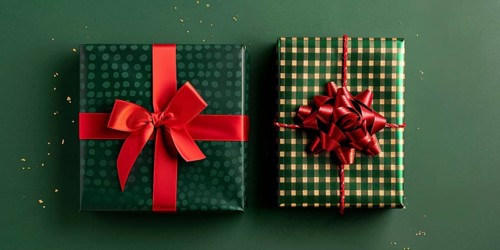 Top view of Christmas gift boxes with red ribbon on green background. Generative Ai, AI generated