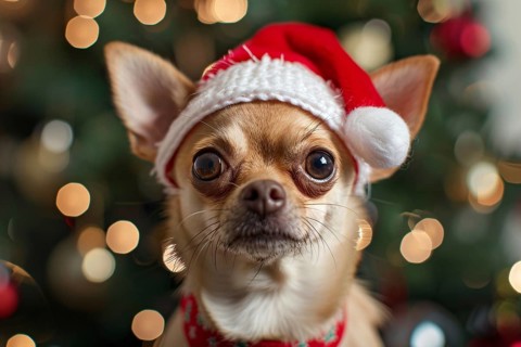 Cute small Chihuahua dog with red santa hat in front of blurry christmas tree Generative Ai, AI