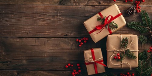 Top view of Christmas gift boxes wrapped in brown craft paper with berries and fir branches on