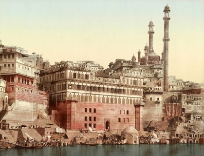 Benares, Varanasi. Aurungzebs Mosque, India, digitally restored reproduction from a 19th century