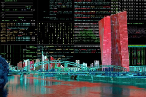 Symbolic image cyberattack, computer crime, cybercrime, computer hackers attack the IT