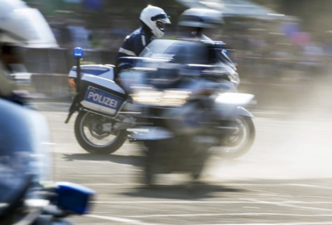 Berlin police officers from the motorbike squadron during a column ride at the Berlin police open