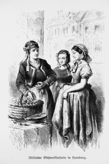 Old Country fruit seller in Hamburg, Old Country, Lower Saxony, basket, young woman, headdress,