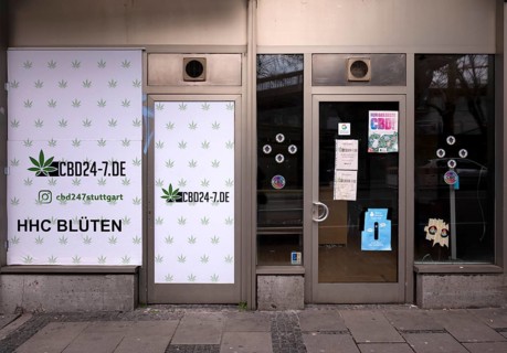 Shop window, CBD shop, retail shop, sale, trade, HHC flowers from hexahydrocannabino, cannabinoids
