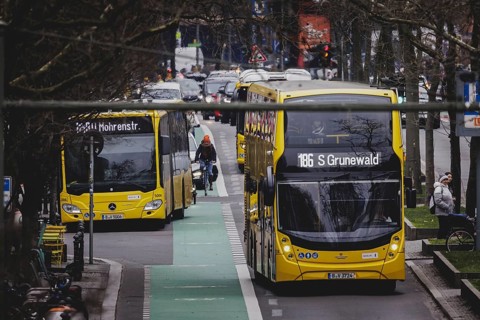 Two BVG buses travel along Schlossstraße in Berlin, 27 February 2024. Berliner Verkehrsbetriebe