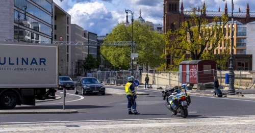 Traffic control, police officers of the motorised traffic squadron, Berlin, Germany, Europe