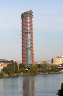 Cajasol Tower office block under construction in La Cartuja area of Seville, Spain viewed from the