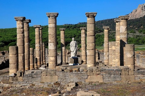 Statue of Emperor Trajan in the forum, Baelo Claudia Roman site, Cadiz Province, Spain, Europe