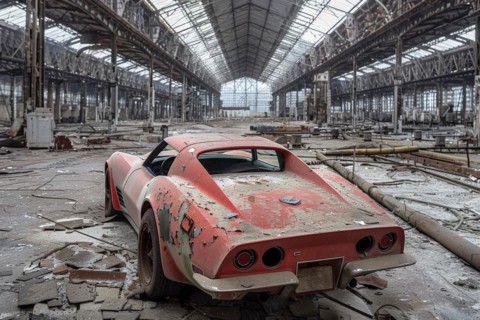 An old, weathered and dusty US-American classic car, wreck, of the type Chevrolet Corvette Stingray