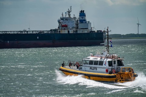 Pilot boat Libra, sailing out of the pilot harbour of Vlissingen, at the mouth of the