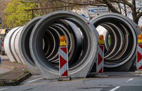 Concrete sewer pipes, stored on a construction site during sewer renovation work, on the Dickswall,