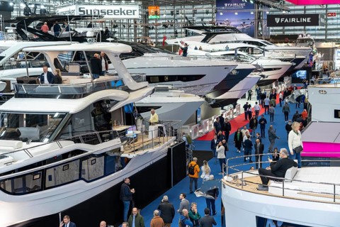 Large yachts, luxury yachts, in Hall 6 of BOOT 2024, the world's largest yacht and water sports