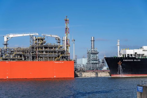 EemsEnergyTerminal, floating LNG terminal in the seaport of Eemshaven, tankers bring liquefied