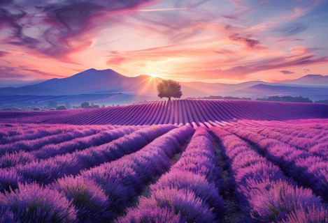 Scenic sunset field of lavender in France. Sunset sky is filled with clouds, AI generated