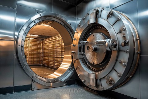 Open bank vault door, revealing a room filled with safety deposit boxes in safe depositary. The