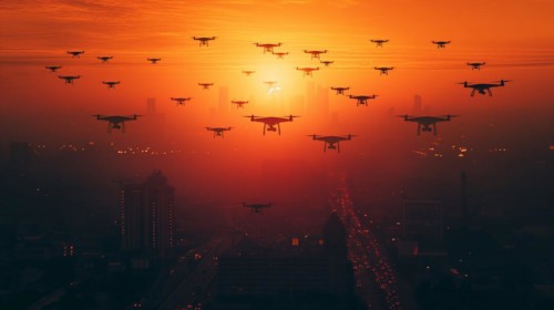 Swarm of UAV unmanned aircraft drones flying near the United States capitol at sunset, AI generated
