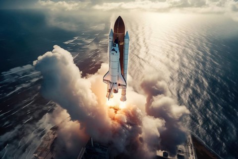 Aerial view of a rocket shuttle carrier launch at sunrise over an ocean coast. The rocket is