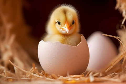 A close-up image capturing the moment a fluffy yellow chick emerges from its egg, showcasing the