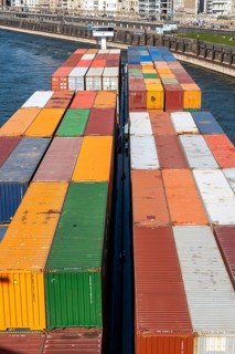 Container freighter, Milliennium II, as a coupling unit, on the Rhine, riverside promenade, from