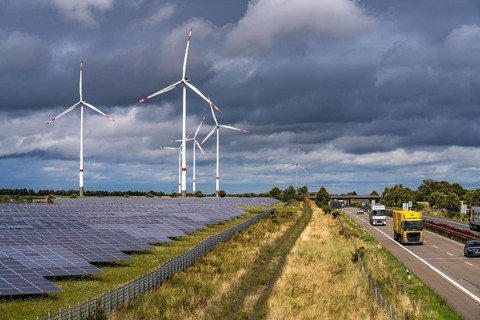 Solar park and wind farm near Morschheim, on the A63 motorway, belongs to the municipality of