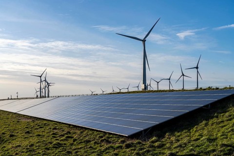 Solar park on the Slaperdijk dyke near the Eemshaven, test project, 17, 000 solar modules were