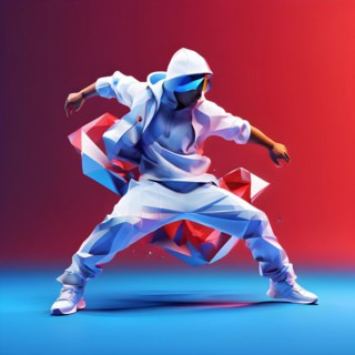 Olympic breakdancer transformed into fluid abstract shapes french tricolor blue white red, AI