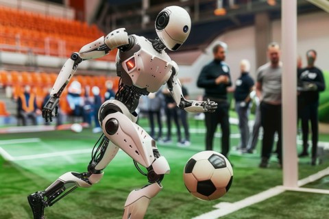 Humanoid robot playing football in a stadium, AI generated