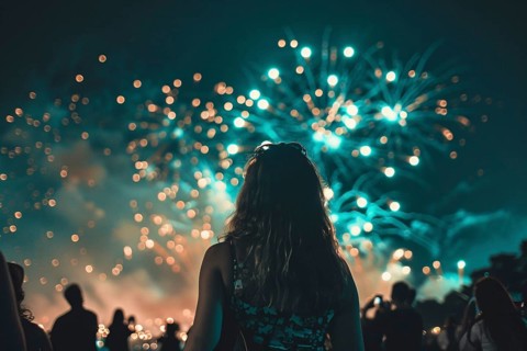 Back view of young people celebrating with fireworks in sky. Generative Ai, AI generated