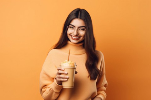 Young woman holding cup of pumpkin spice latte in hand. KI generiert, generiert, AI generated