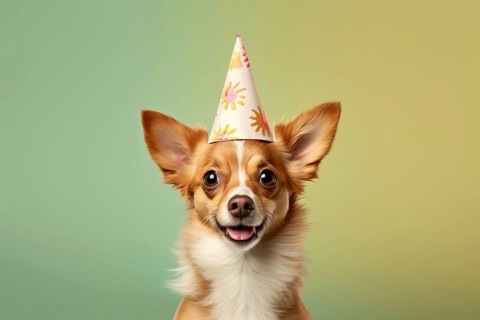 Small dog with birthday party hat. KI generiert, generiert AI generated