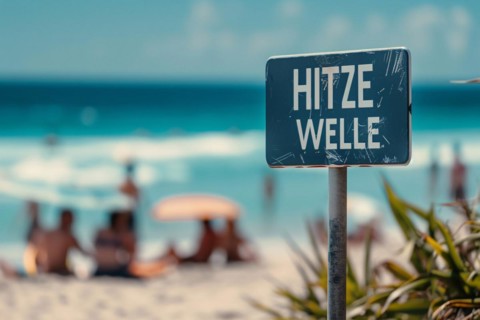 Warning sign with German text 'Hitzewelle' (Heat wave) in front of blurry sunny beach with people.