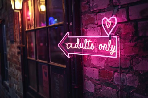 Pink neon light sign with 'Adults only' text hanging on wall. KI generiert, generiert, AI generated