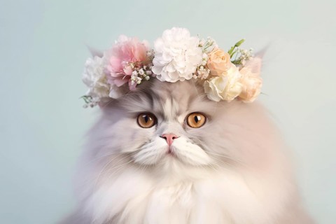 Persian cat with flower crown on head in front of pastel blue studio background. KI generiert,