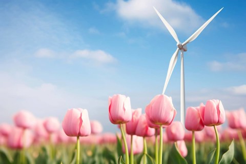 Pink tulip flowers with wind mill turbine in background. Renewable energy in spring. KI generiert,