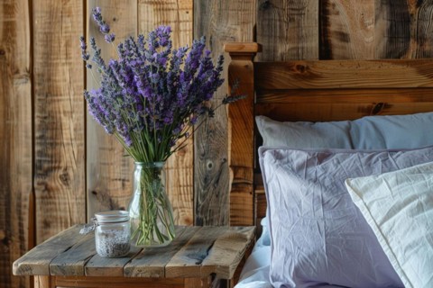 Lavender flowers (Lavendula) in a vase on a bedside table next to a bed, rustic, rural ambience, AI