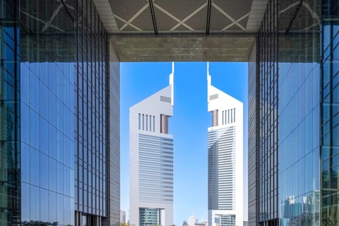 UAE, Dubai downtown financial skyline and business shopping center near Emirate Towers