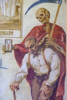 Farmer and Death as Grim Reaper, fresco in the arcades in the town park, former cemetery, Schwaz,