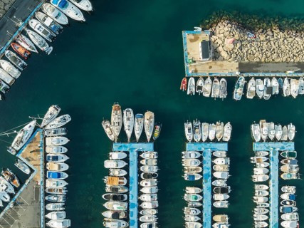 Wharves at the marina of San José. Aerial view. Drone shot. Nature Reserve Cabo de Gata-Nijar,